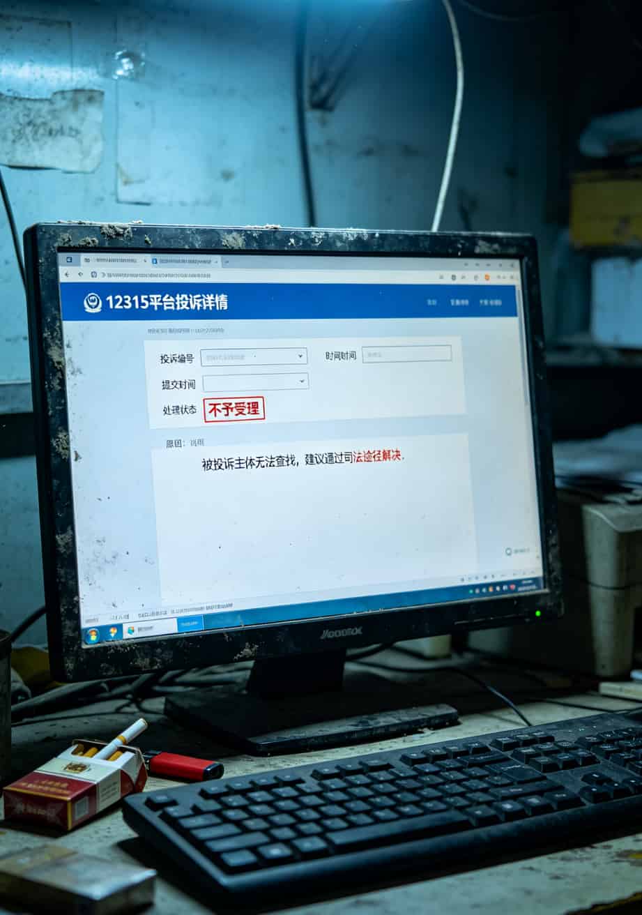 12315投诉截图，显示“被投诉主体无法查找，建议司法途径”
