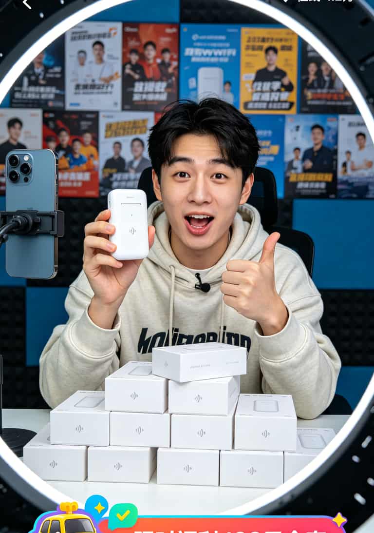 19.9元300g流量卡是真的吗?我摔坏过一个随身WiFi后搞清楚了 抖音直播间截图,主播举着白色随身WiFi设备