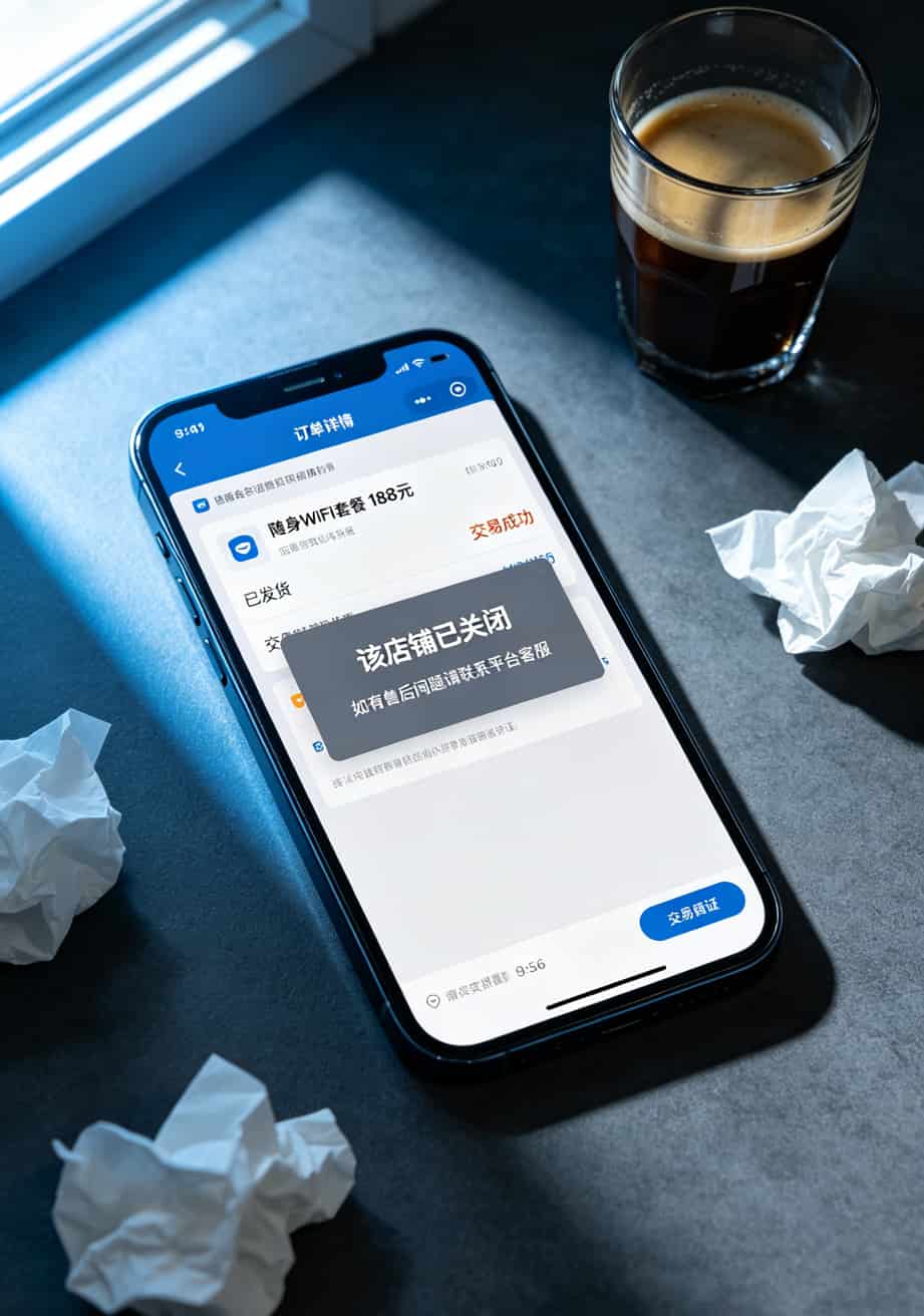 19.9元300g流量卡是真的吗?我摔坏过一个随身WiFi后搞清楚了 电商订单页面显示“该店铺已关闭”的截图