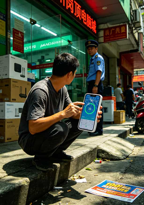 广州岗顶电脑城门口实测随身WiFi网速的场景，周边有数码店和摊贩