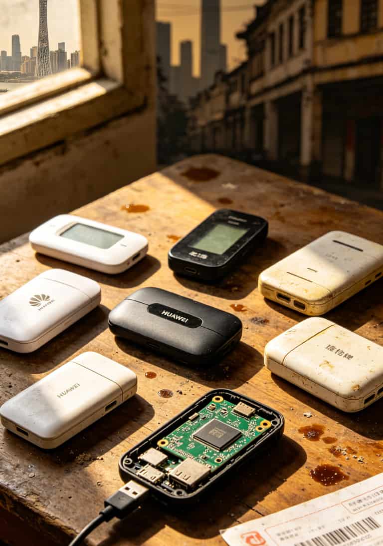 三座城市实测随身WiFi的设备堆叠图，包含华为、北海、格行等品牌