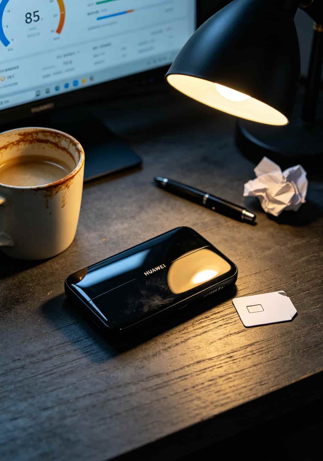 华为5G随身WiFi Pro设备实拍，旁边放着一张白色流量卡