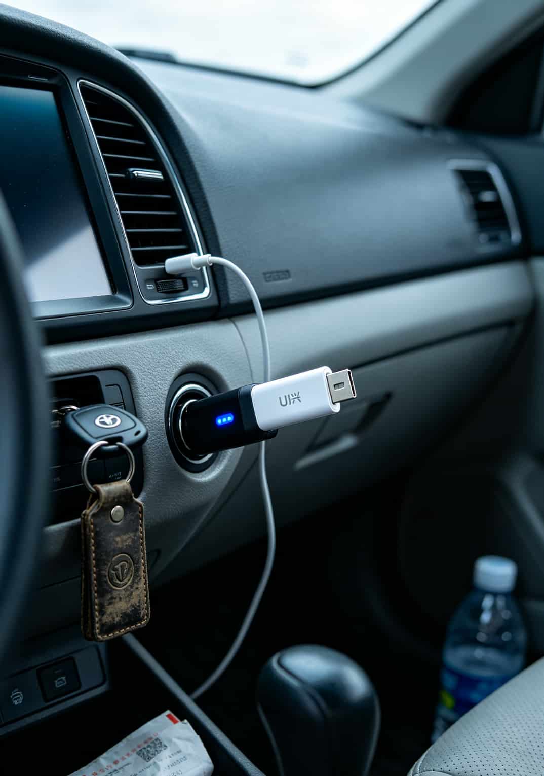 中兴USB随身WiFi插在汽车点烟器USB转换器上，旁边放着车钥匙