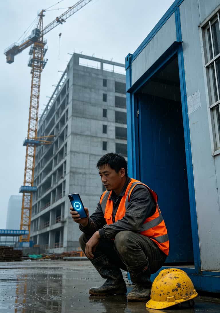 杭州未来科技城工地实拍，工人蹲在板房边看手机