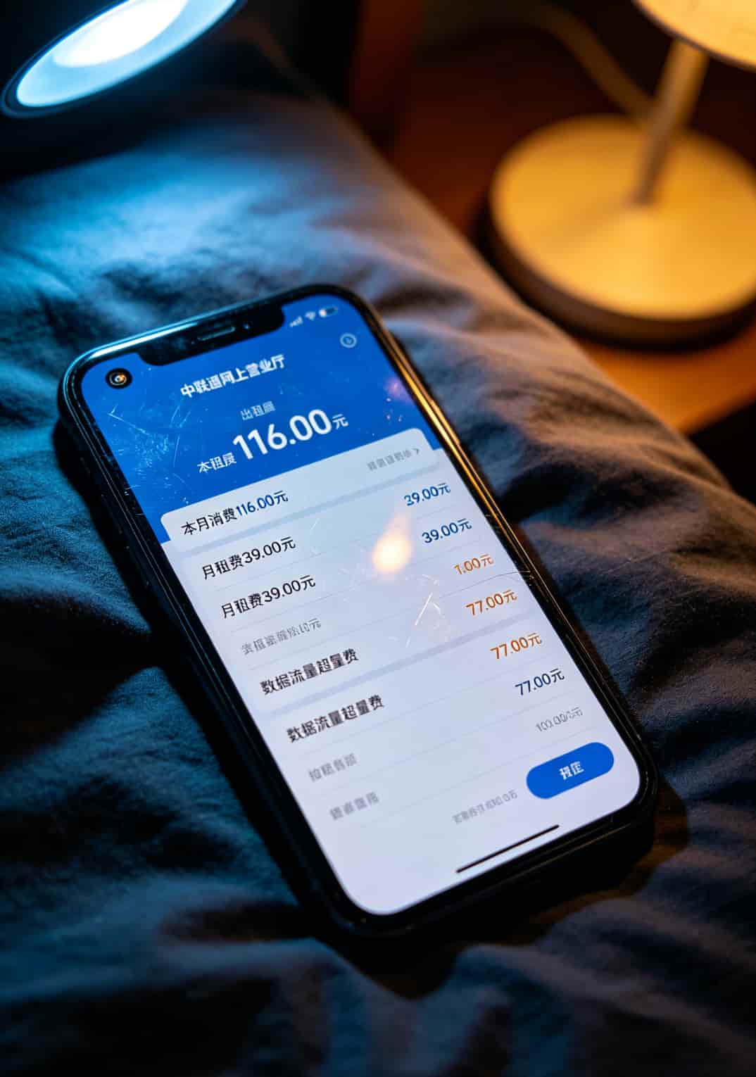 联通网上营业厅账单截图，显示月租加超量费共116元
