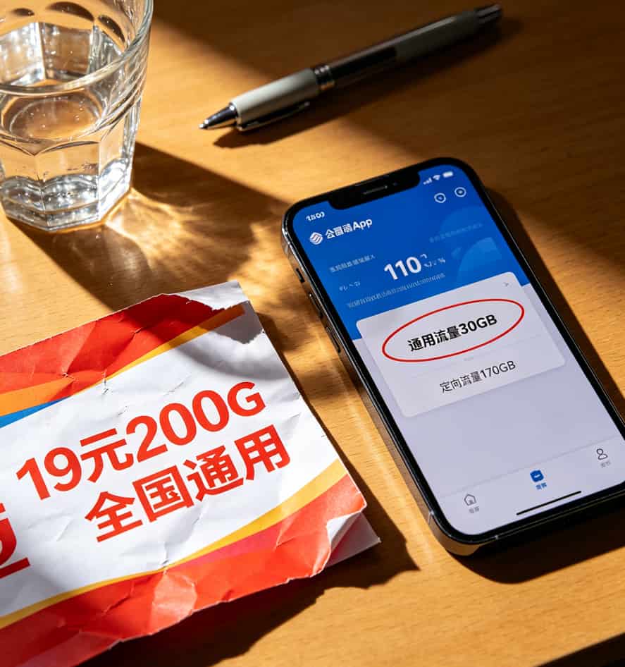 19元200G流量卡宣传页和实际到账流量对比截图