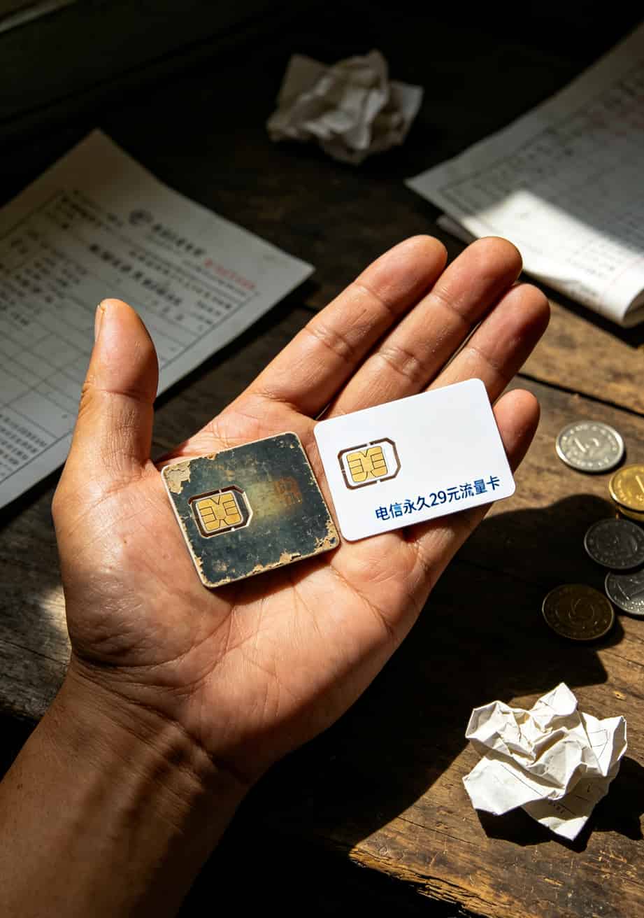 19元100g流量卡坑了我半年,换电信永久29元流量卡后才算真正省心 作者手持两张sim卡对比,一张19元套餐卡一张电信永久29元流量卡