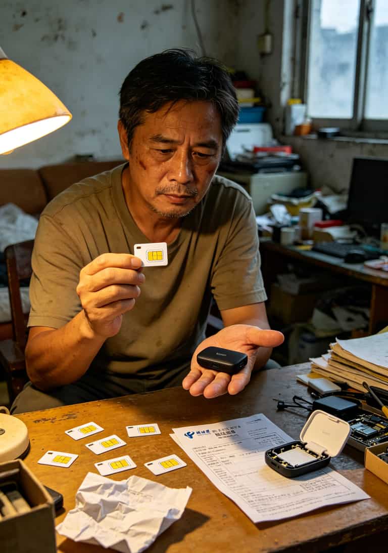 老周手里拿着一张流量卡和一台随身WiFi，桌上还散落着几张用过的SIM卡