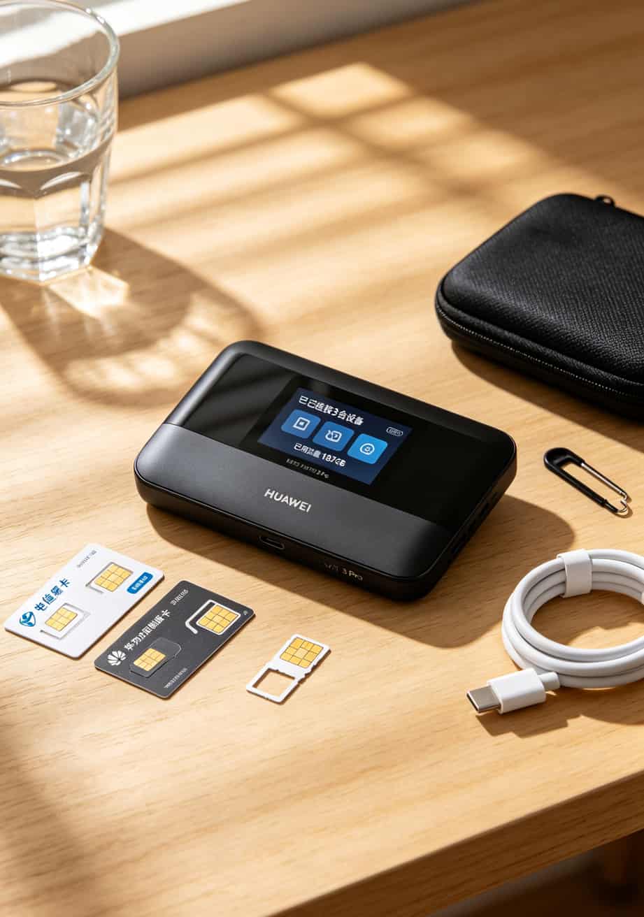 华为随身WiFi到底配什么卡?200gb流量是什么卡?我换了7张卡踩坑总结 华为随身WiFi和流量卡全家福-设备加三张不同类型的卡