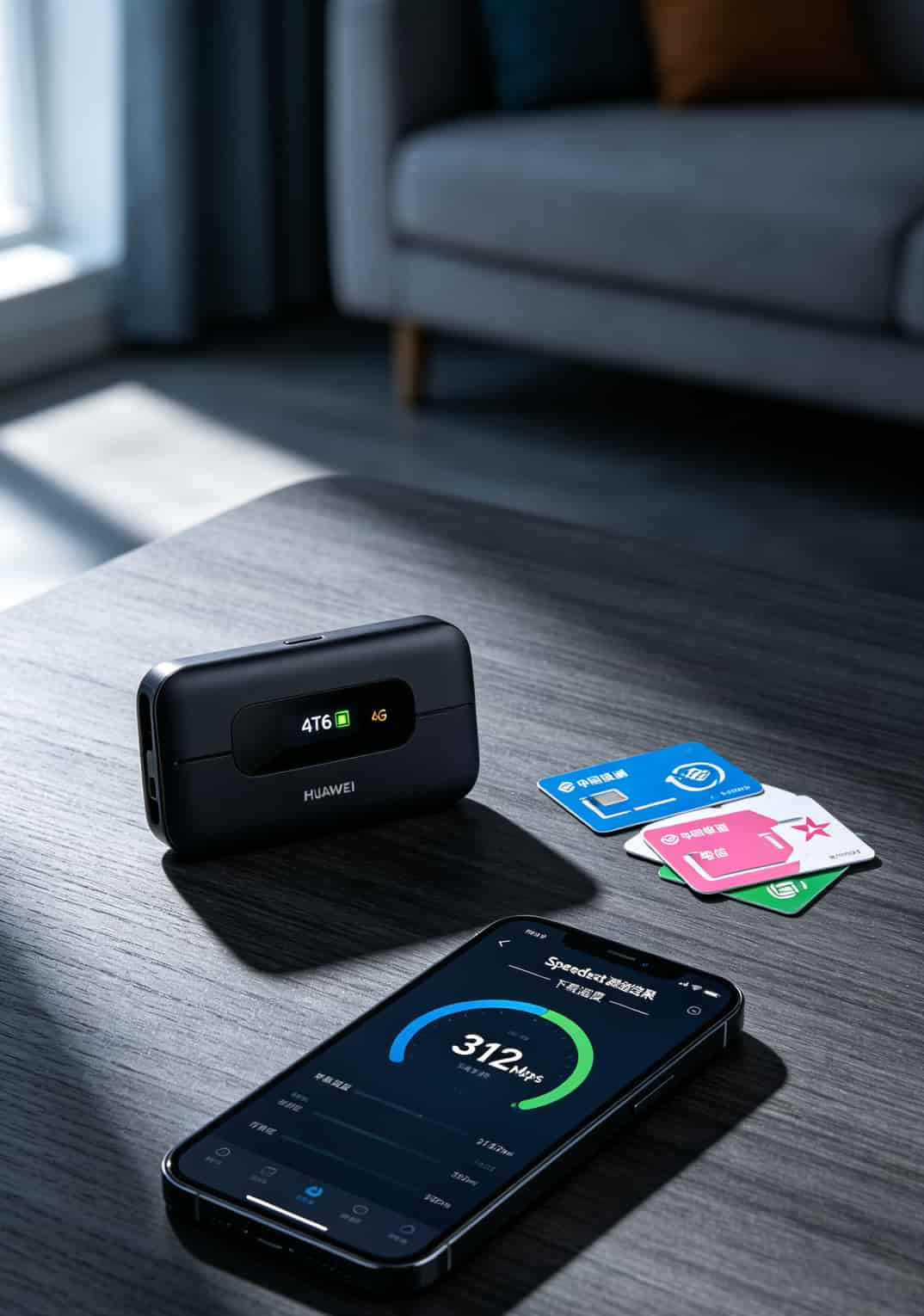 2020年最划算的5g流量卡被我找到了,一年省下一双AirPods 华为随身WiFi和几张流量卡摆在一起,旁边放着手机测速截图