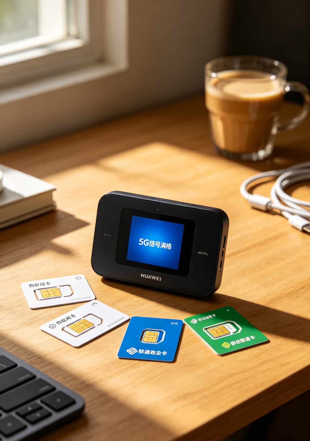 华为5G随身WiFi Pro与三张流量卡并列摆放，包括物联网卡、政企卡、普通套餐卡