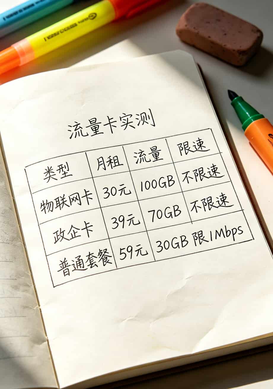 三类流量卡对比表格，列出资费、流量额度、限速阈值、适用场景