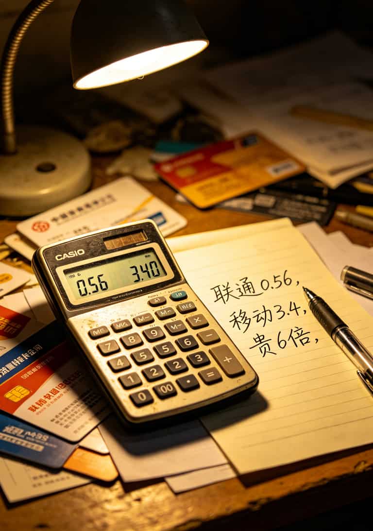 20260508_033801_2021流量卡哪个划算_final 计算器上显示每G流量成本0.56元对比3.4元的特写