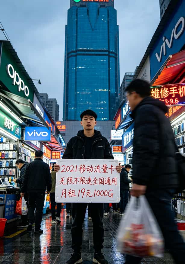 华强北被骗499块后,我拿华为6G随身WiFi实测了那张2021移动流量卡,结果出乎意料 深圳华强北赛格大厦楼下手机配件市场实拍,一个小哥举着流量卡广告牌
