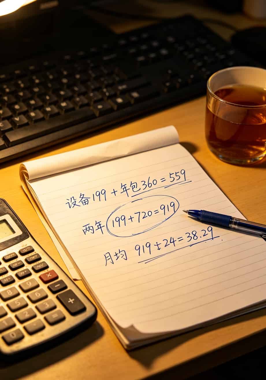 20g流量的卡到底够不够用?我废了四台随身WiFi才整明白 手写计算草稿,显示设备199元加年包360元等于两年919元,月均38.3元