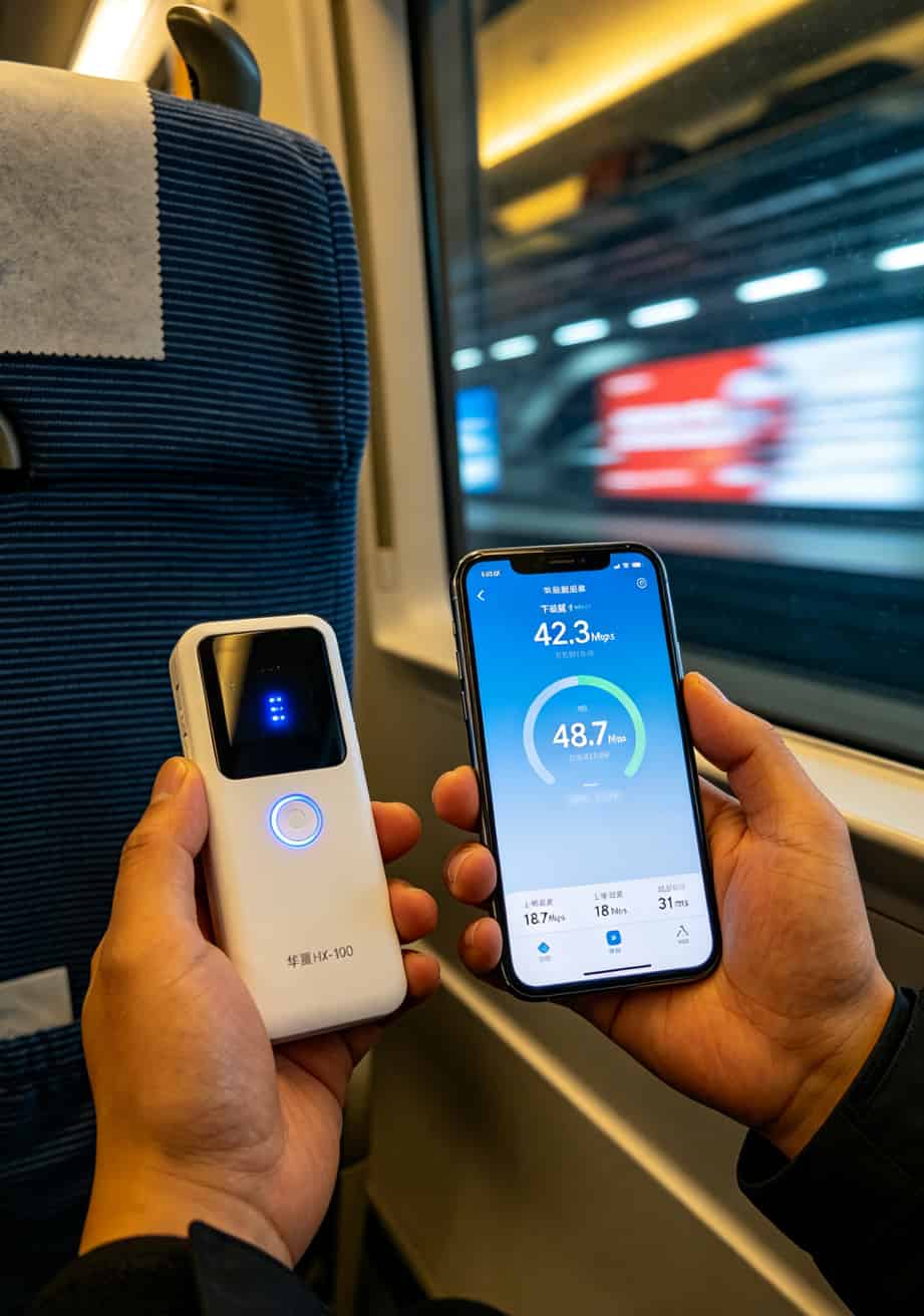 20g流量的卡到底够不够用?我废了四台随身WiFi才整明白 四台随身WiFi设备并排放在桌面上,从左到右依次是华夏HX-100、华正易尚5G版、华凰标准版、华强北杂牌