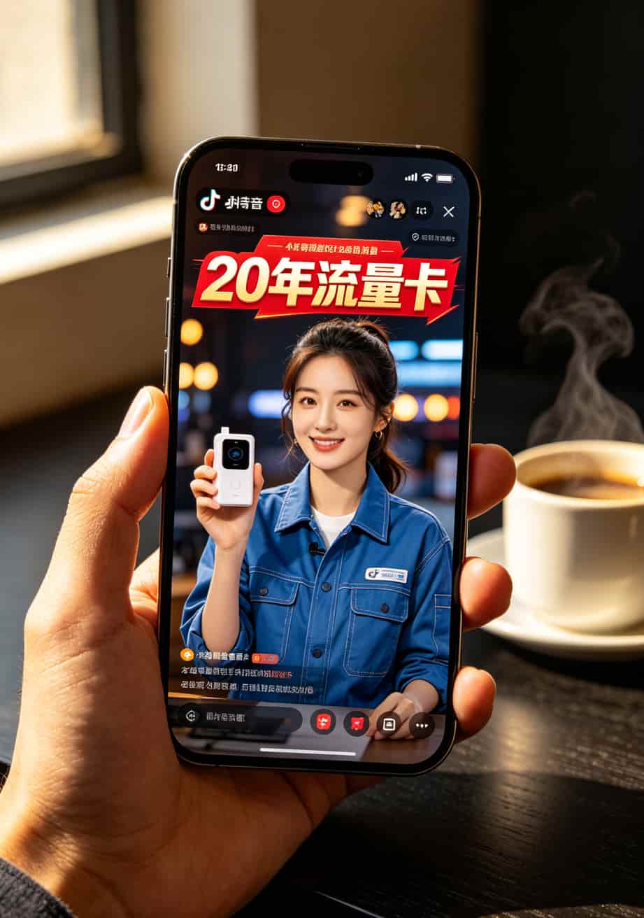 “20年流量卡”就是个笑话,我替你踩了4个月的坑才弄明白 抖音上常见的随身WiFi广告截图,红底白字写着“20年无限流量”