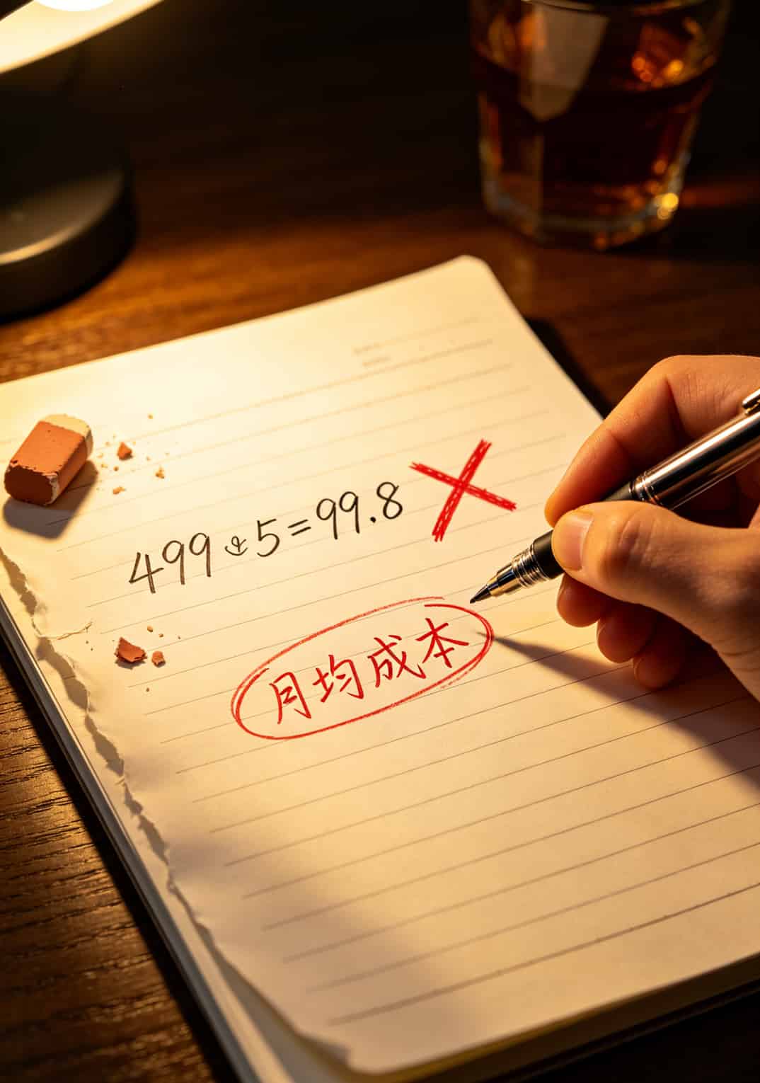 “20年流量卡”就是个笑话,我替你踩了4个月的坑才弄明白 手写计算草稿,写着499÷5=99.8,旁边打了个叉