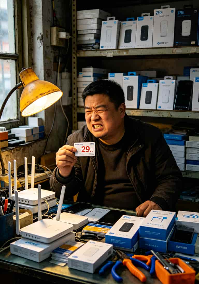 老王在郑州科技市场办公室测试随身WiFi的场景