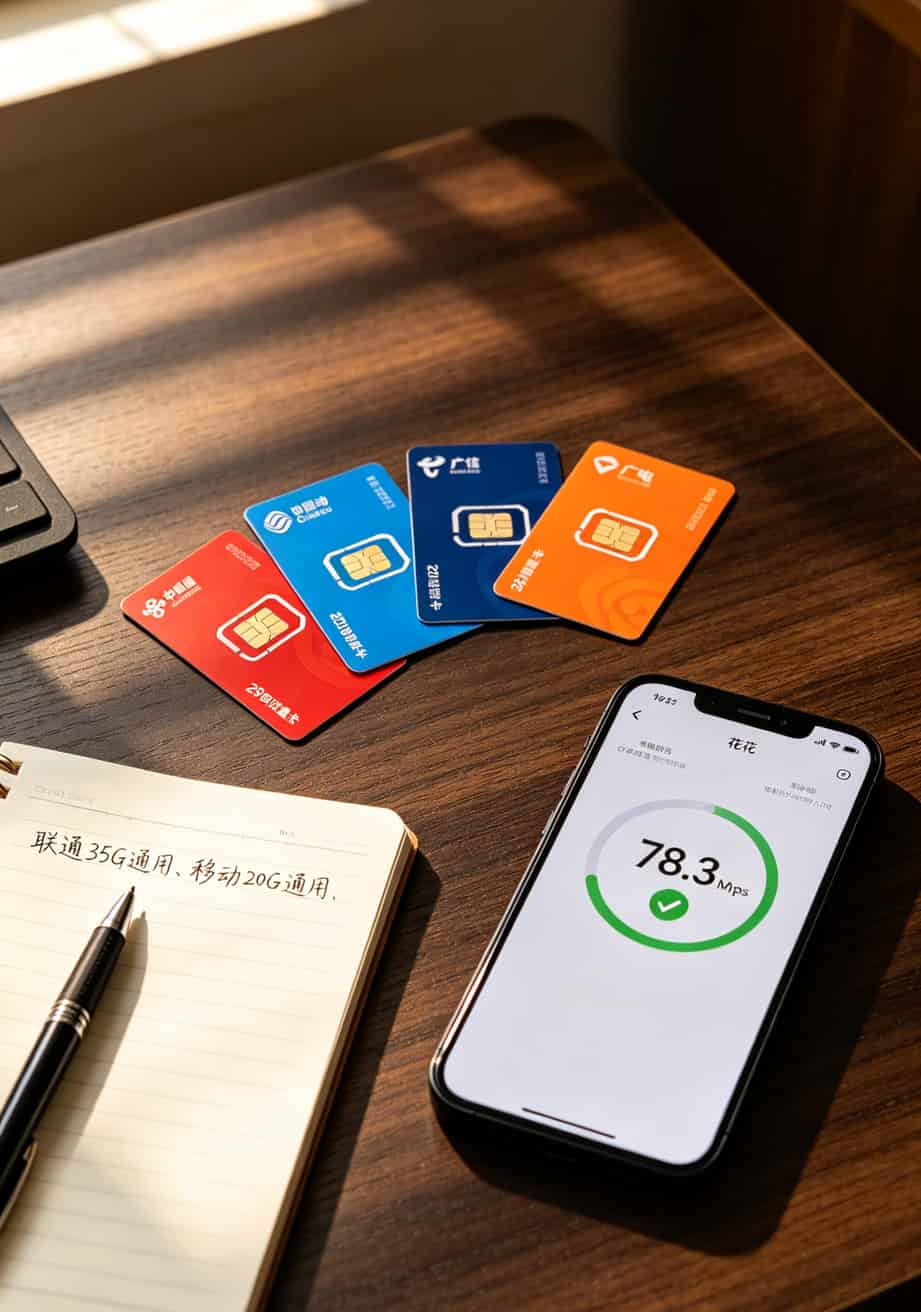 作者桌面摊开的四张不同运营商SIM卡，手机屏幕上显示测速结果78Mbps