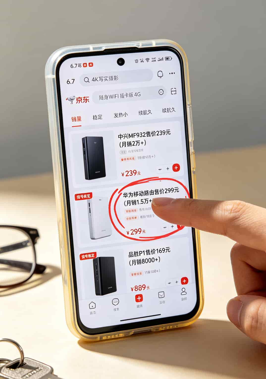 办了十张“30g的流量卡”才敢说:这样选每月能省一半冤枉钱 京东搜索“随身WiFi 插卡版”的结果页面截图,价格区间150-300元的产品圈出来了
