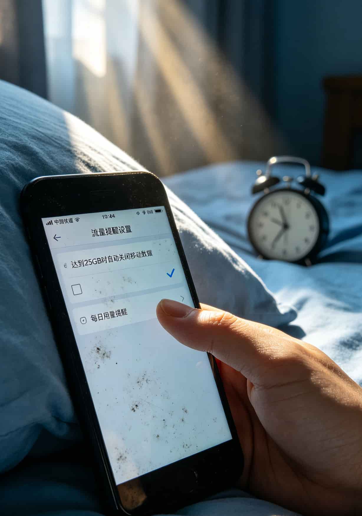 联通APP流量提醒设置界面，勾选25GB自动断网选项