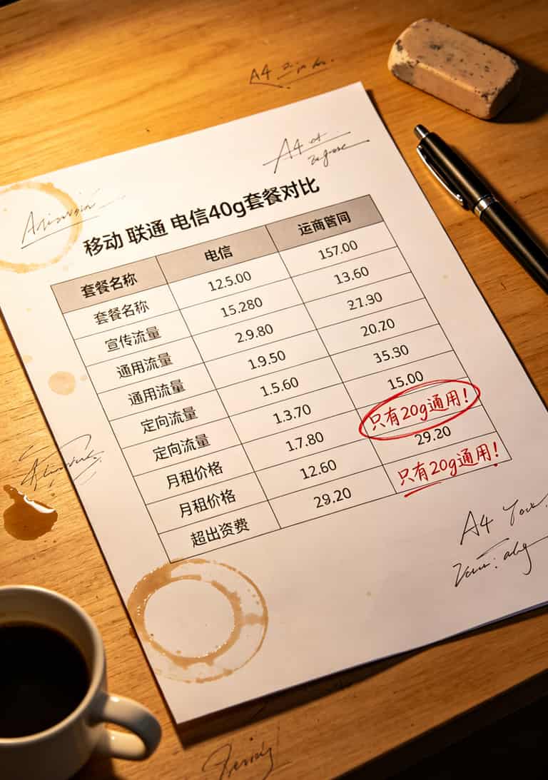 40g全国通用流量卡怎么选?我换了3台设备花了2年,告诉你别再交这些智商税 三大运营商40g套餐对比表格,标注通用流量和定向流量占比