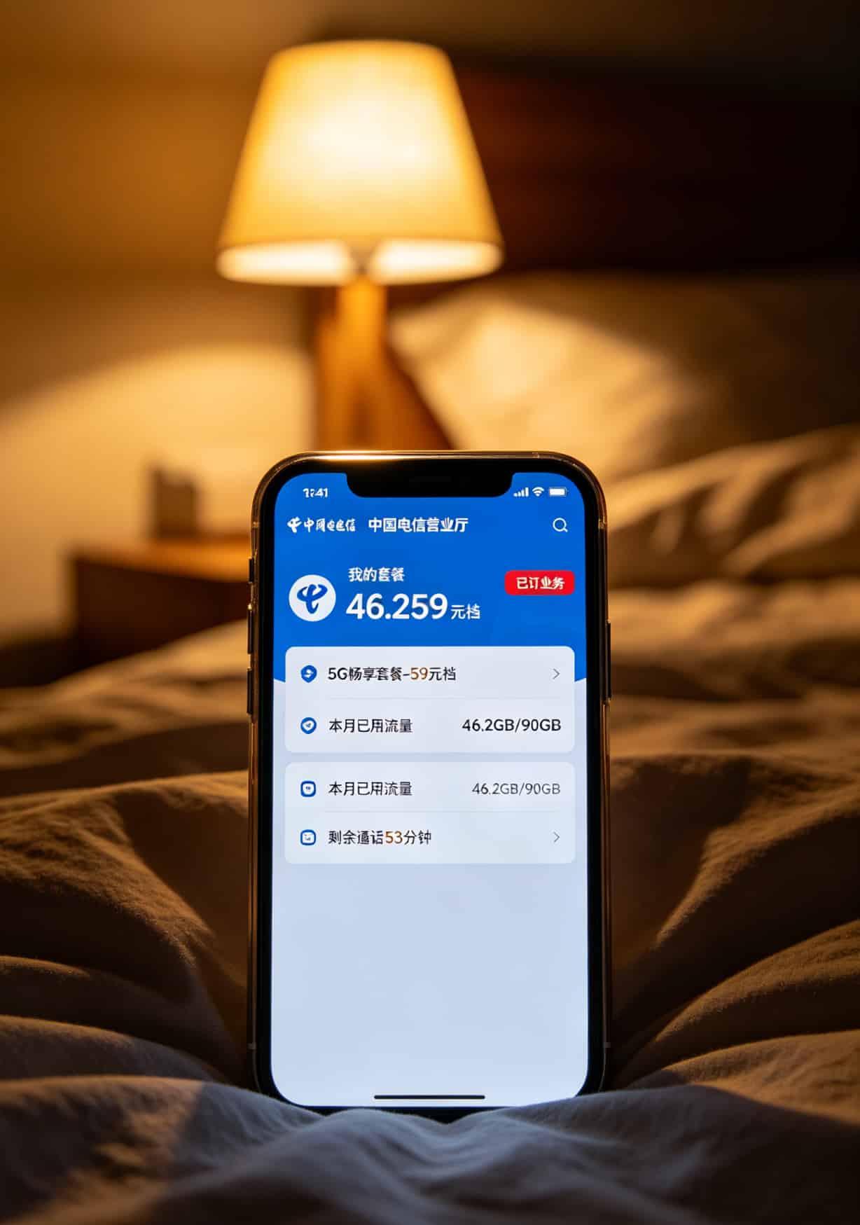 电信营业厅App内“我的套餐”页面截图，显示月租和流量明细