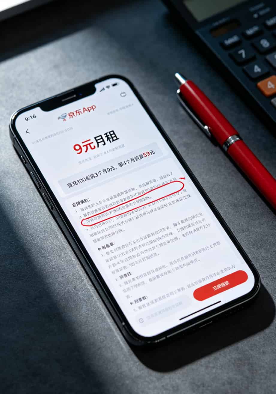 京东App上一款9元月租套餐的详情页，小字部分用红圈标出