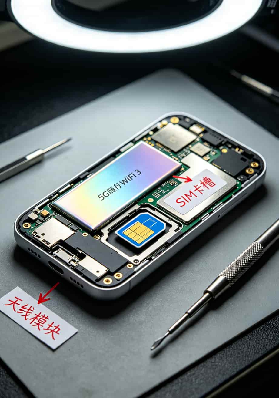 华为5G随行WiFi 3拆机图，标注SIM卡槽位置和天线模块