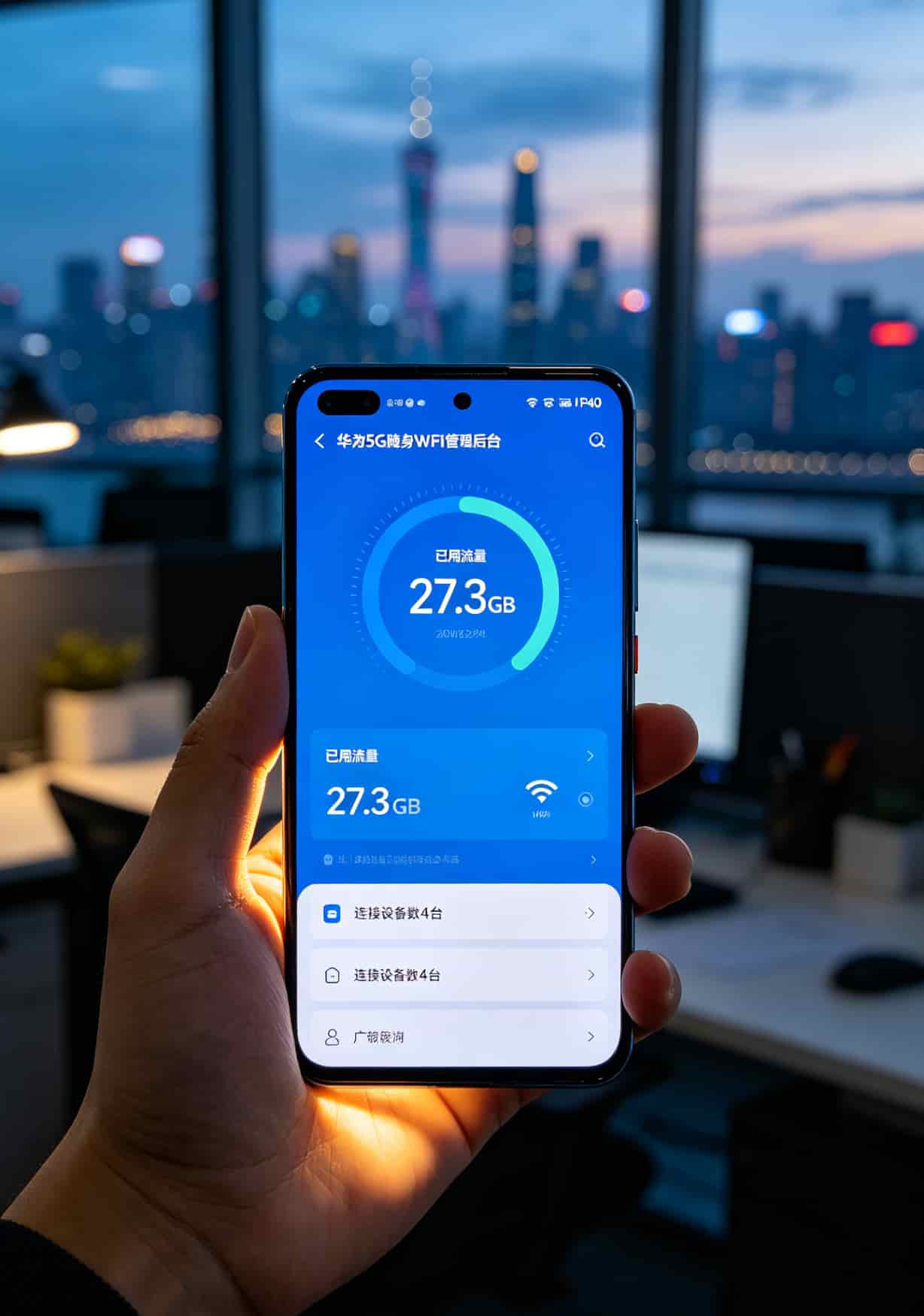 华为5G随行WiFi Pro管理后台截图，显示已用流量27.3GB、连接设备4台