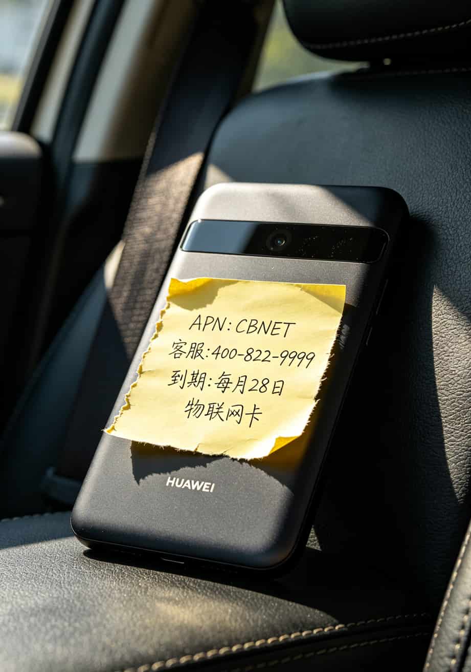 华为5G随身WiFi机身背面贴便签示例，手写APN和套餐信息