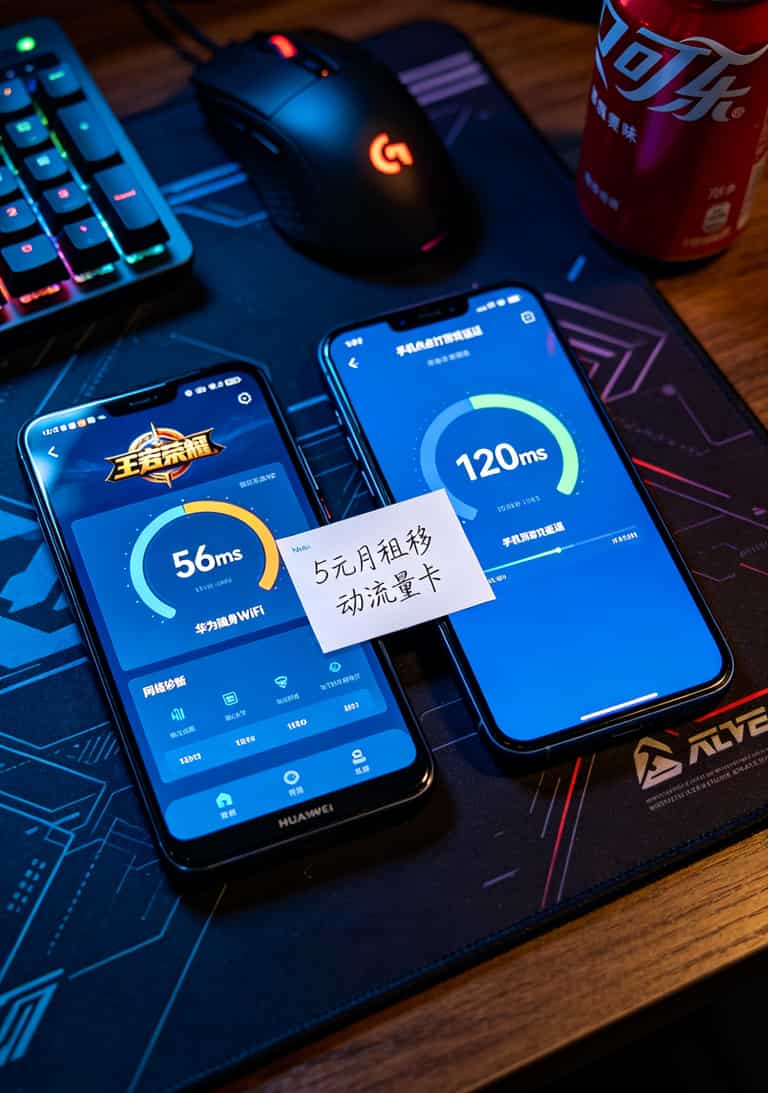 掏心窝子劝一句:办5元月租移动流量卡前,先把华为随身WiFi这7个坑躲开 华为随身WiFi vs 手机热点打游戏延迟对比折线图