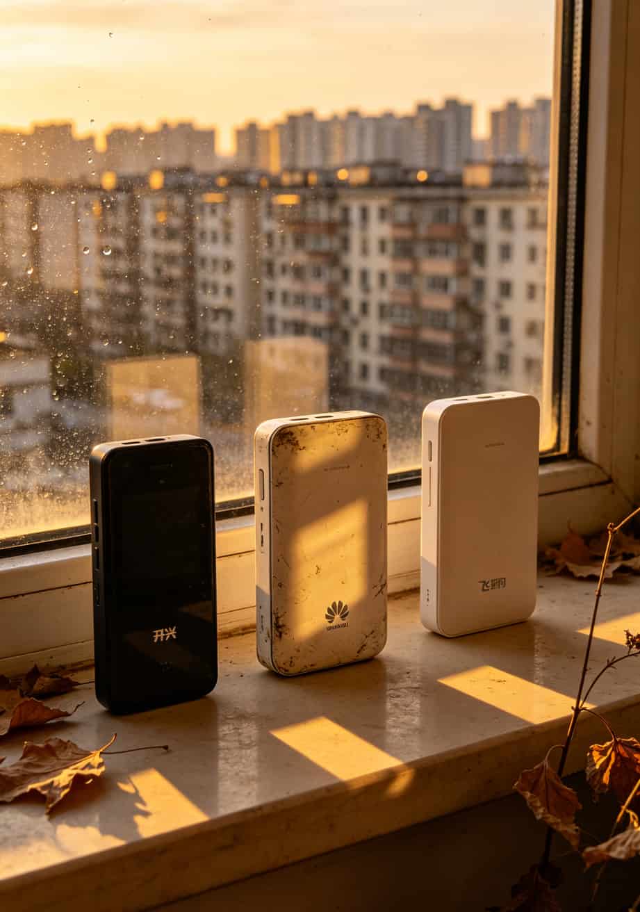 三种品牌随身WiFi设备并排对比续航外观