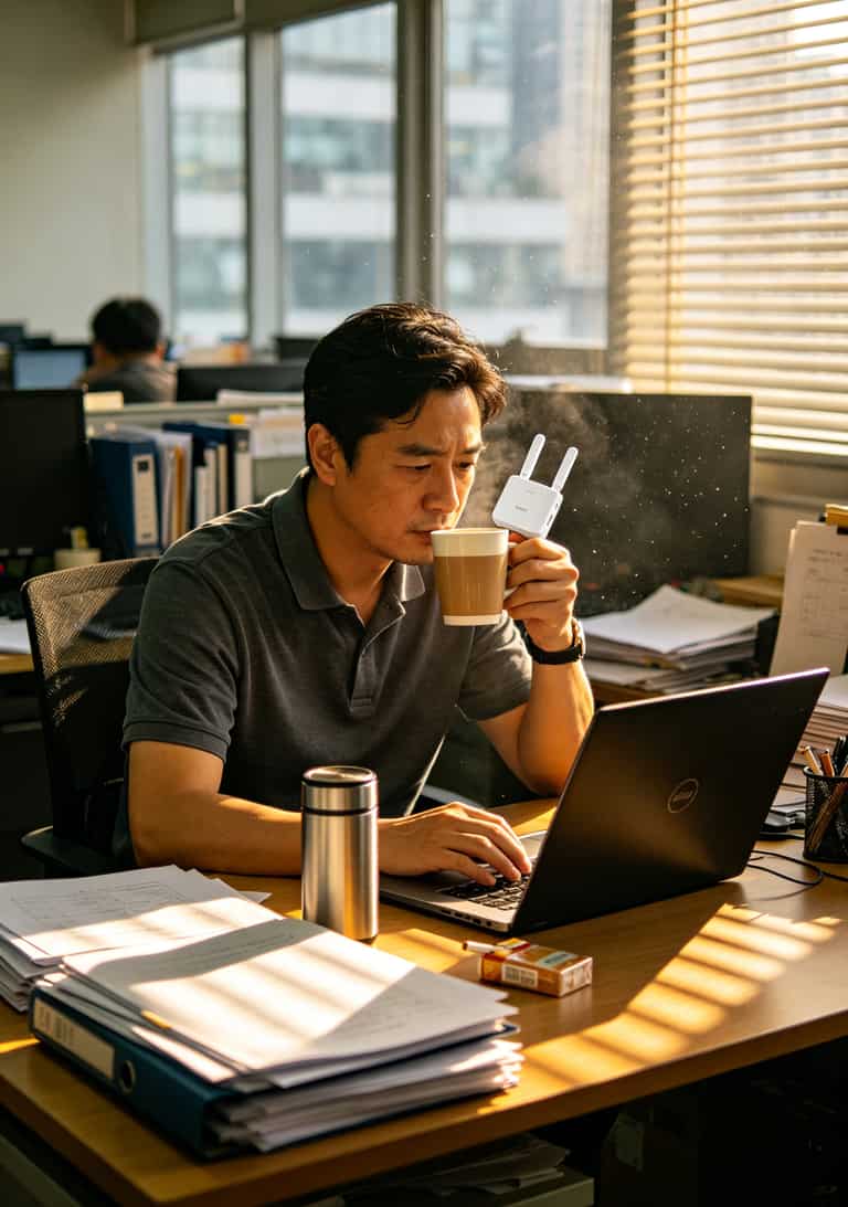 老李手持随身WiFi设备在办公桌前