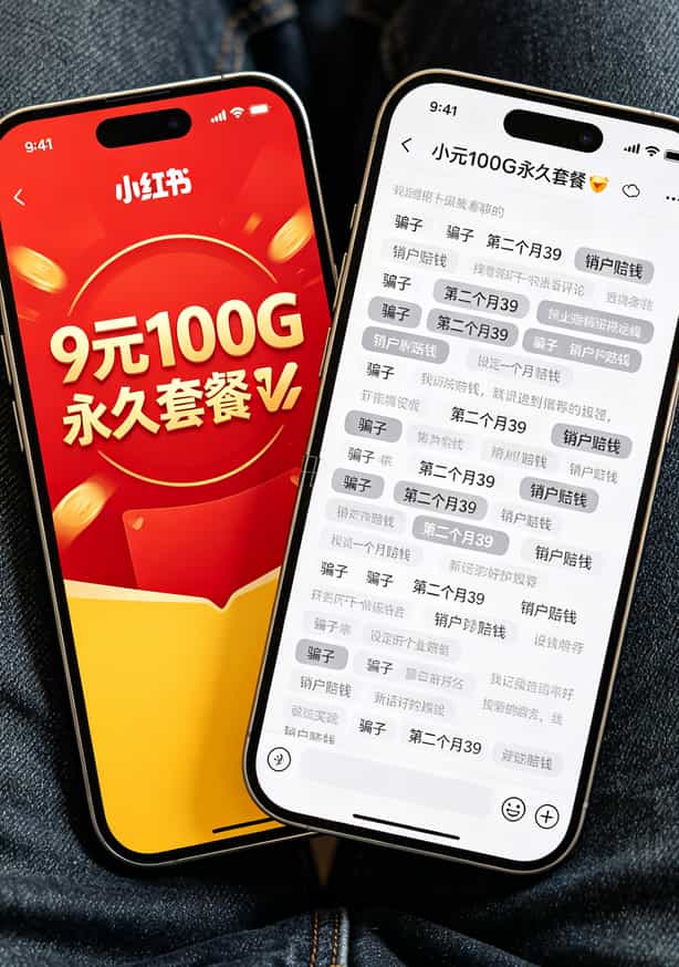 9元一个月的流量卡有什么套路吗?我拿京东校园卡试了仨月,这19块钱花得值不值? 小红书9元套餐广告截图和用户投诉评论的拼图