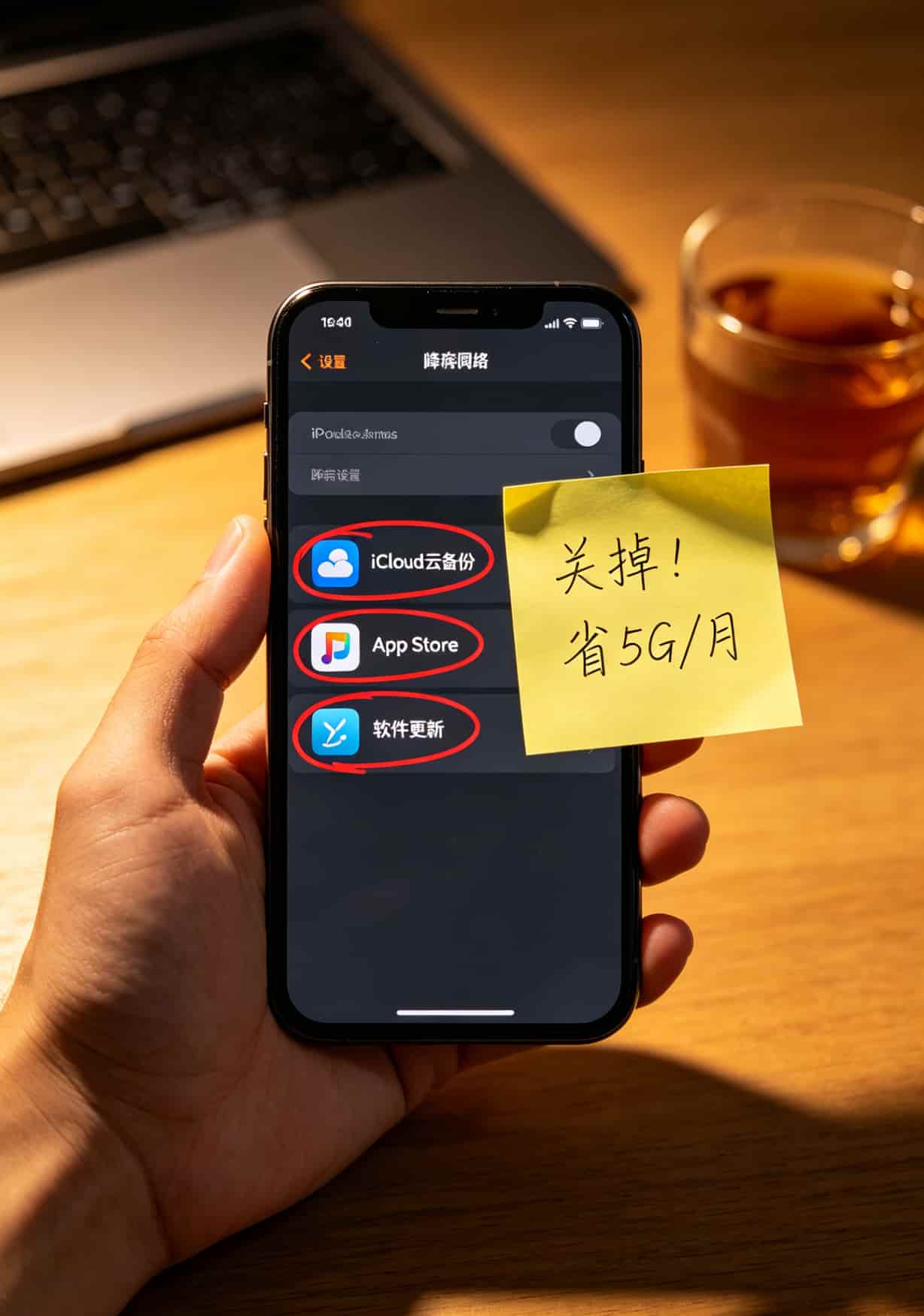 手机设置-蜂窝网络界面截图，标出需要关闭的三个选项