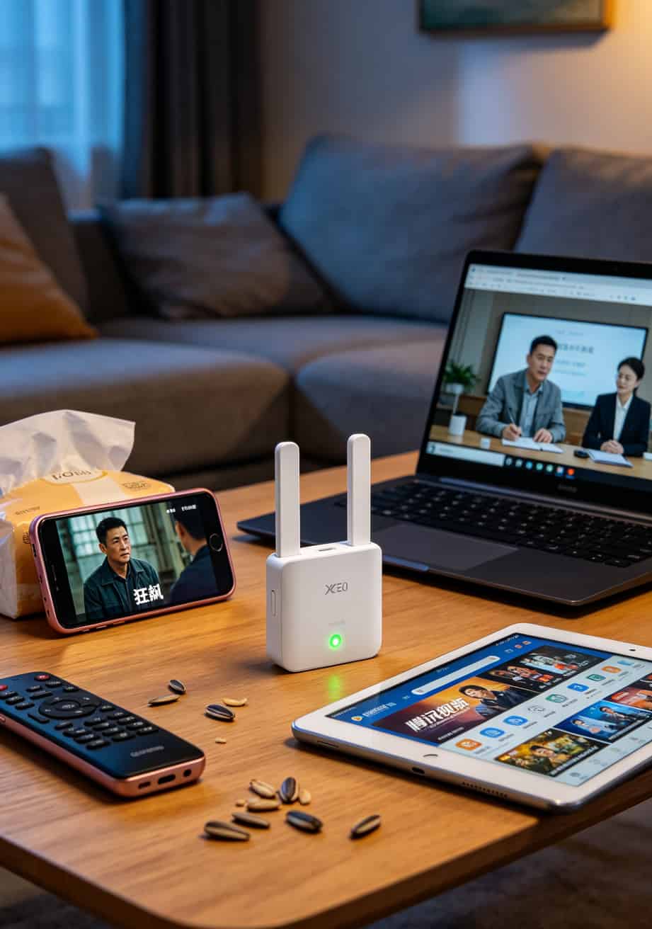 中兴F30随身WiFi放在客厅茶几上，旁边有三台设备同时在播放视频