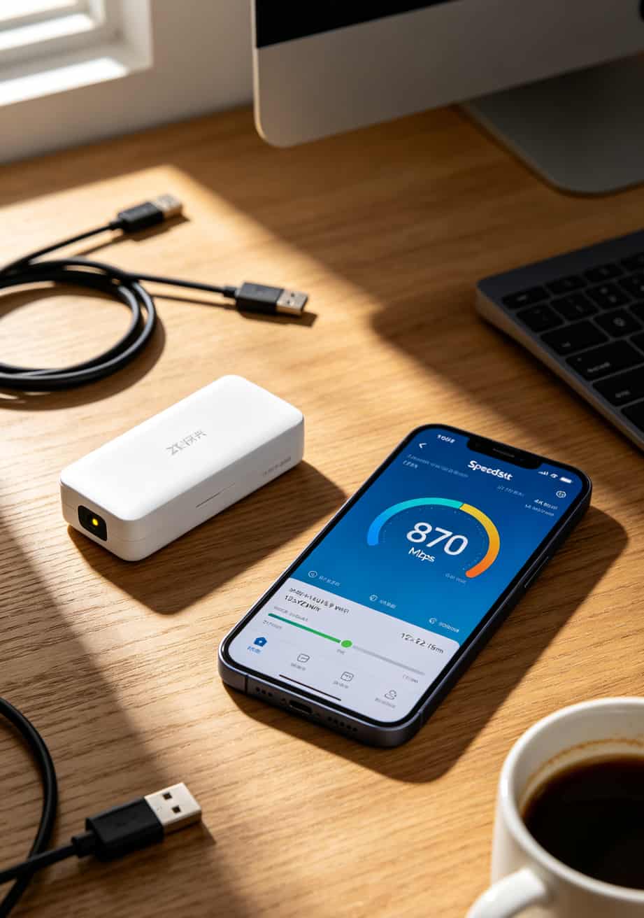 中兴MU随身WiFi放在桌面，旁边放着手机，屏幕上显示测速870Mbps