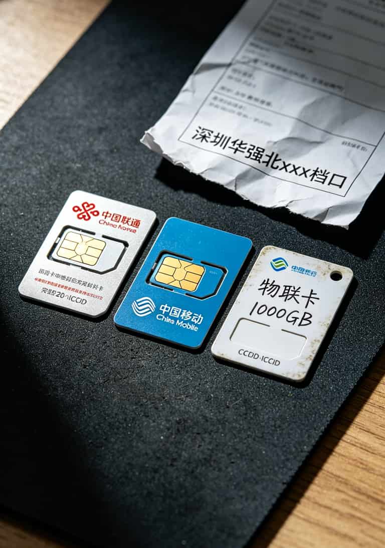 29元流量卡怎么办理?两年亏了五六百后,我总算搞明白了(附华为随身WiFi实测) 三张不同运营商的SIM卡并排,其中一张标注为物联网卡
