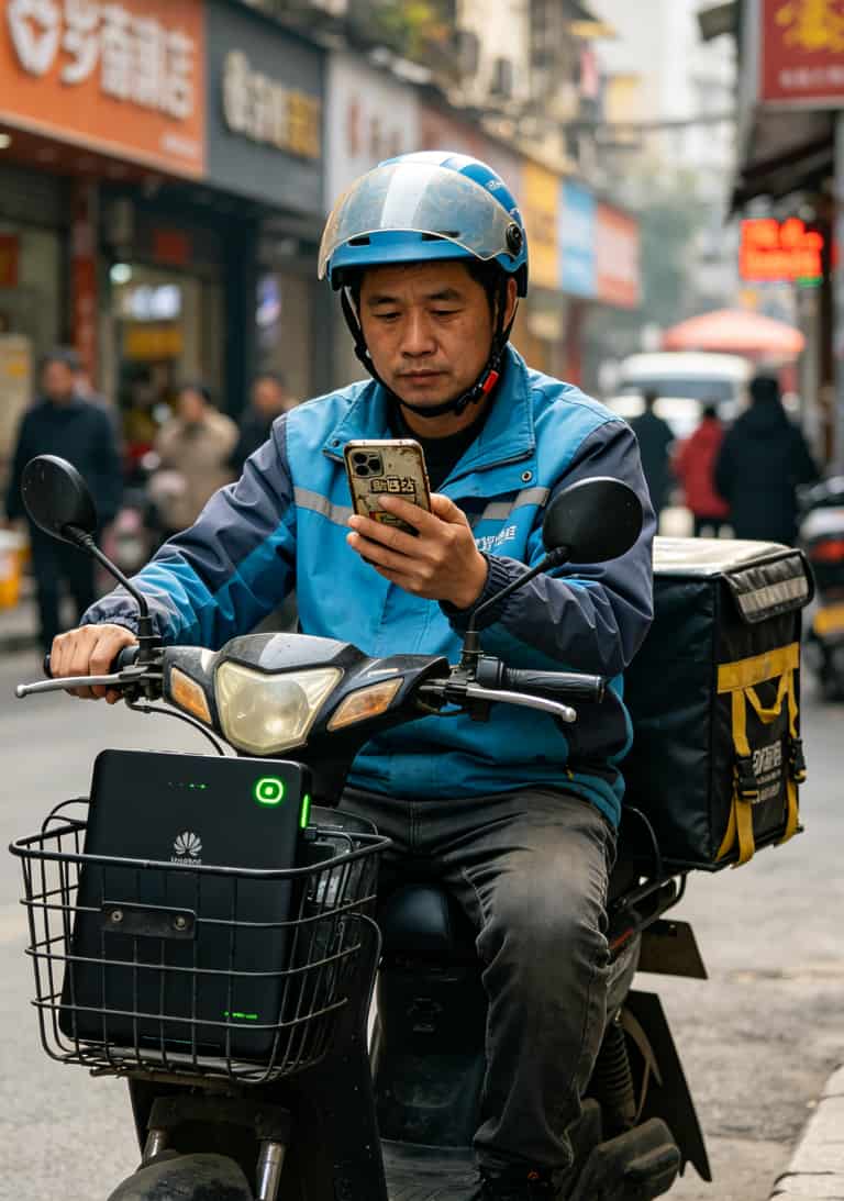 外卖骑手在路边等单时刷手机的街拍，车筐里放着一个随身WiFi