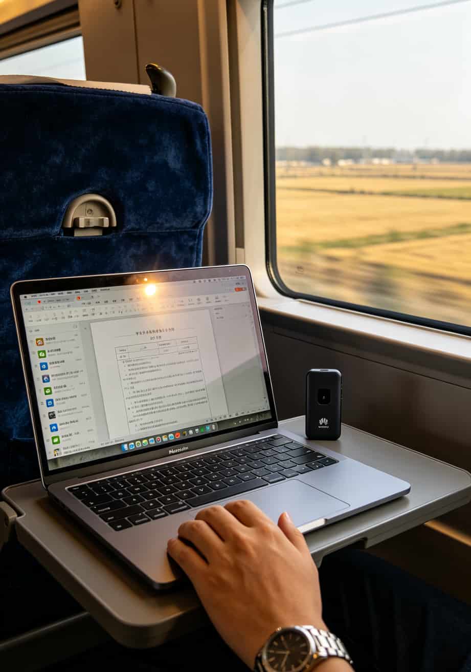 2020年最划算的5g流量卡被我找到了,一年省下一双AirPods 高铁小桌板上放着一个黑色随身WiFi,旁边是笔记本
