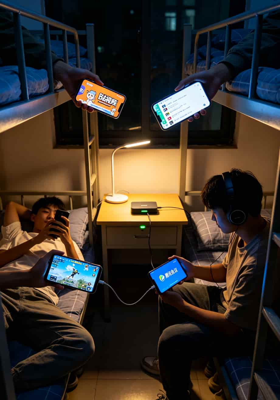 宿舍四个人各自用手机连接随身WiFi的场景