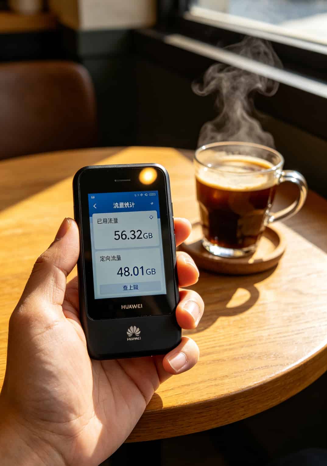 手拿华为随身WiFi E5576，屏幕显示后台管理页面的流量统计