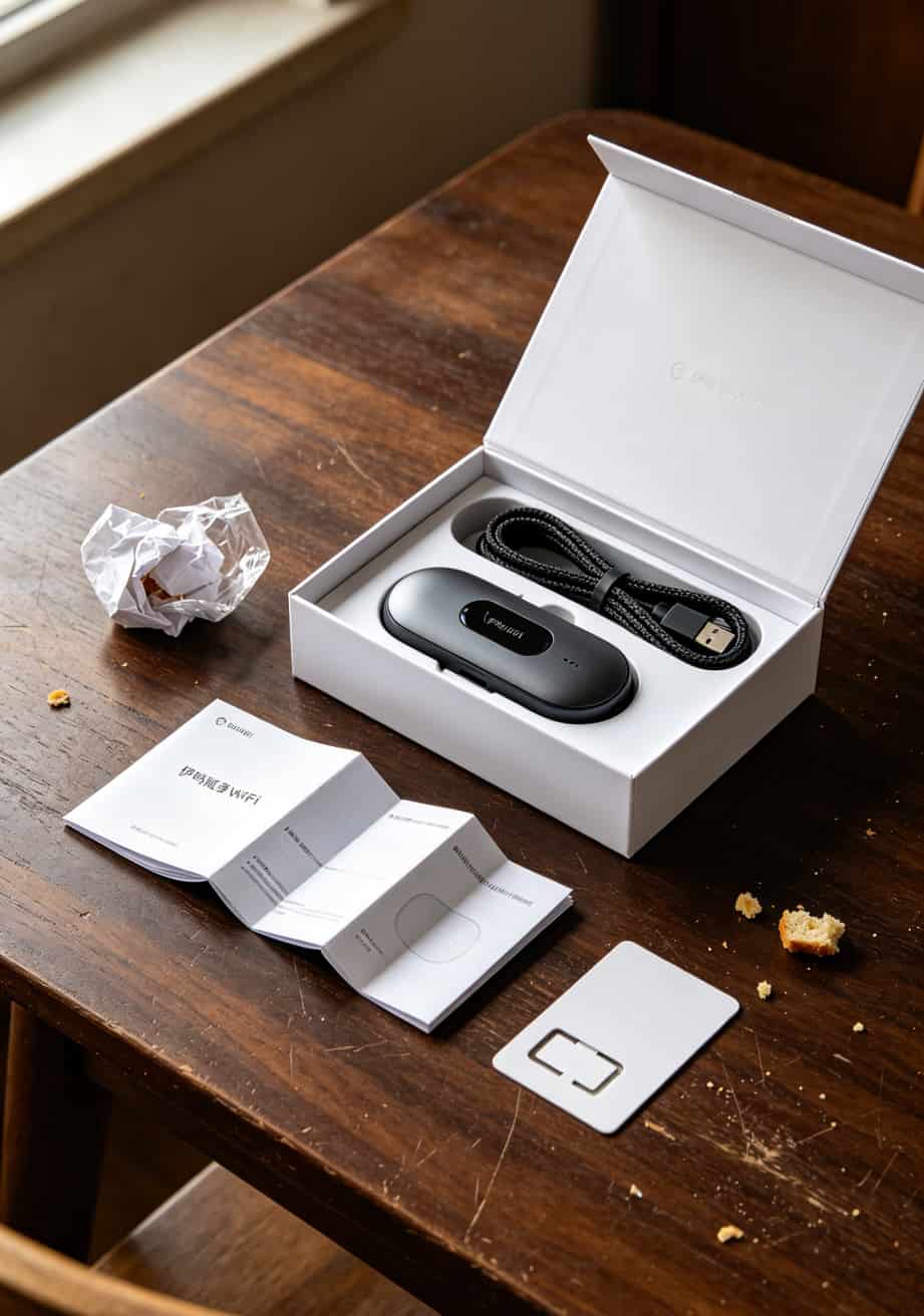 随身WiFi包装盒内物品：主机、数据线、说明书、物联卡
