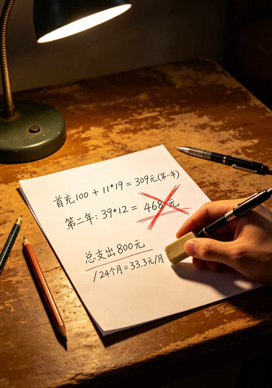 19元100g流量卡,我测了8年就3款能打(2026无套路版) 流量卡年均成本计算图表,显示17.3元/月vs实际支出