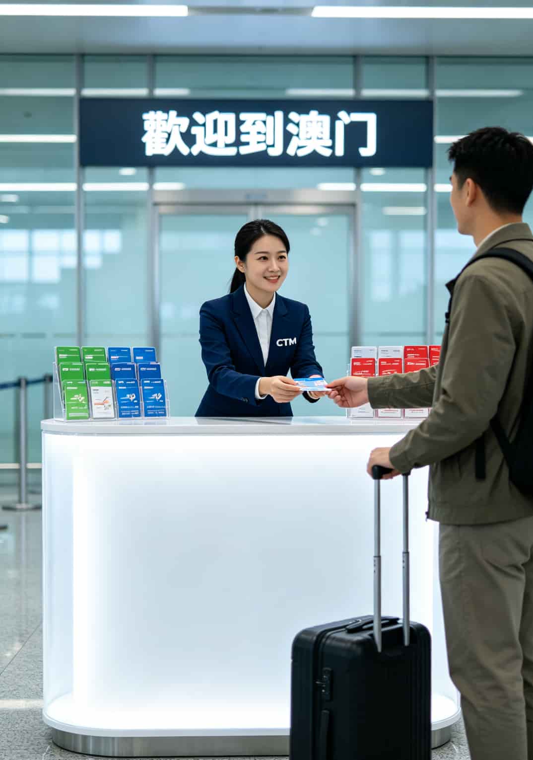 澳门机场入境大厅的CTM服务柜台，柜台上摆着各种流量卡