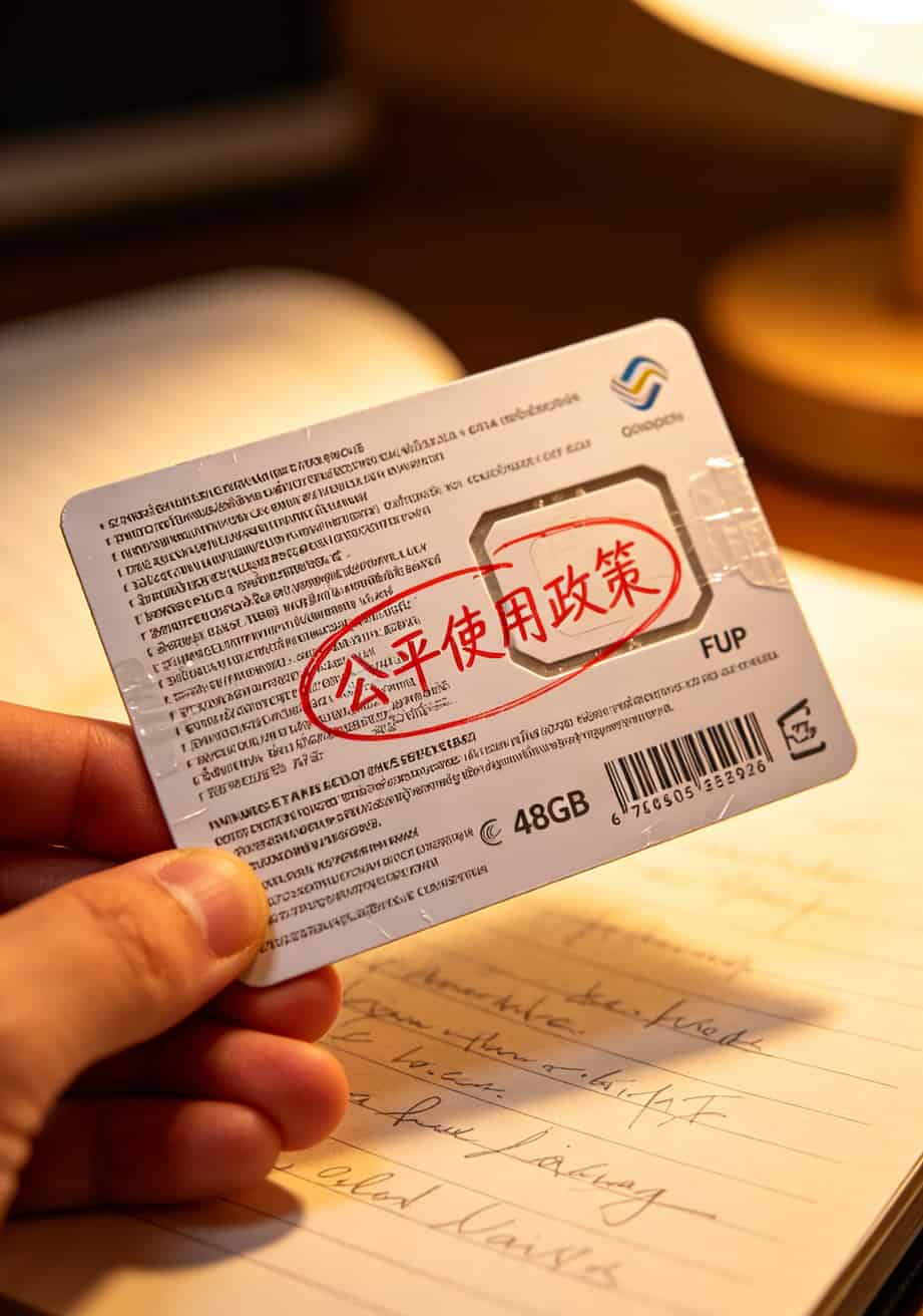 流量卡包装背面小字特写，红笔圈出“公平使用政策”字样