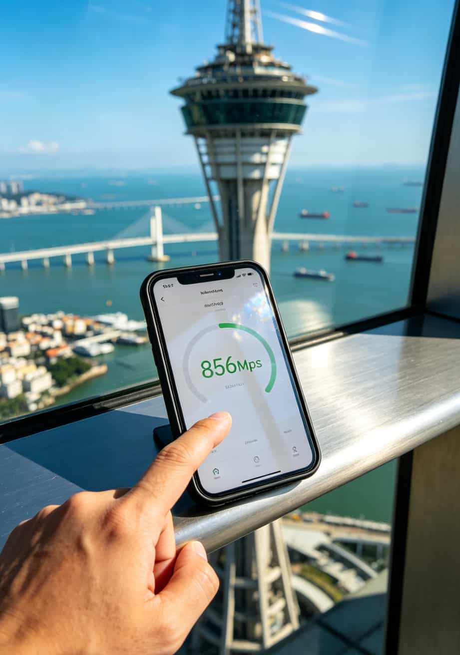 手机测速软件截图，显示下载速度856Mbps，背景是澳门旅游塔