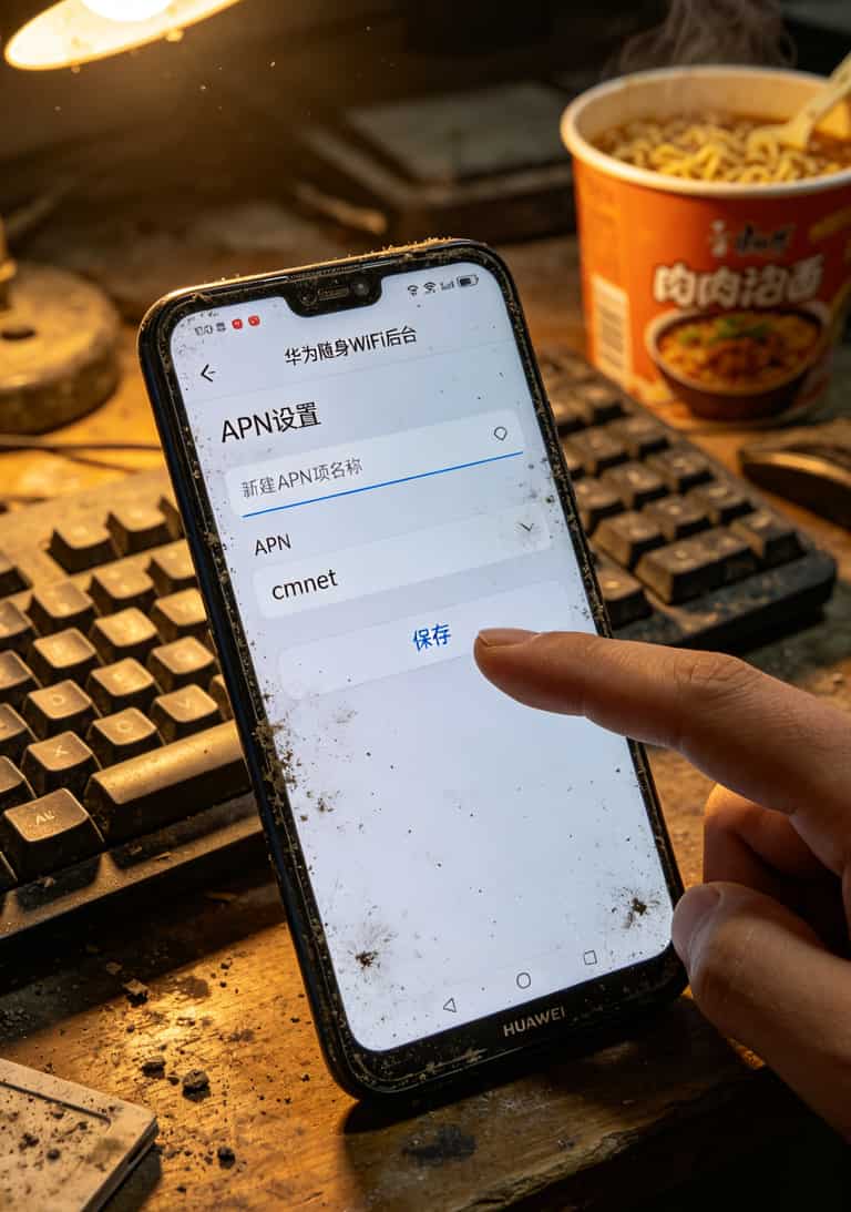 华为随身WiFi用户别再当冤大头了!找对办流量卡的地方,一年省下的钱够你吃10顿火锅 华为随身WiFi后台APN参数设置界面,标记cmnet填写位置